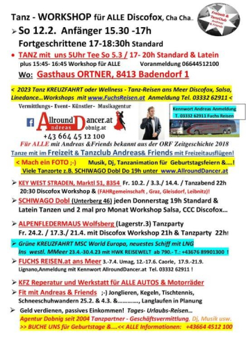 Gasthaus Ortner 12.2. um 15.30 Workshop und viele andere Orte mit AllroundDancer Info 06644512100 buche  dir einen Taxitänzer